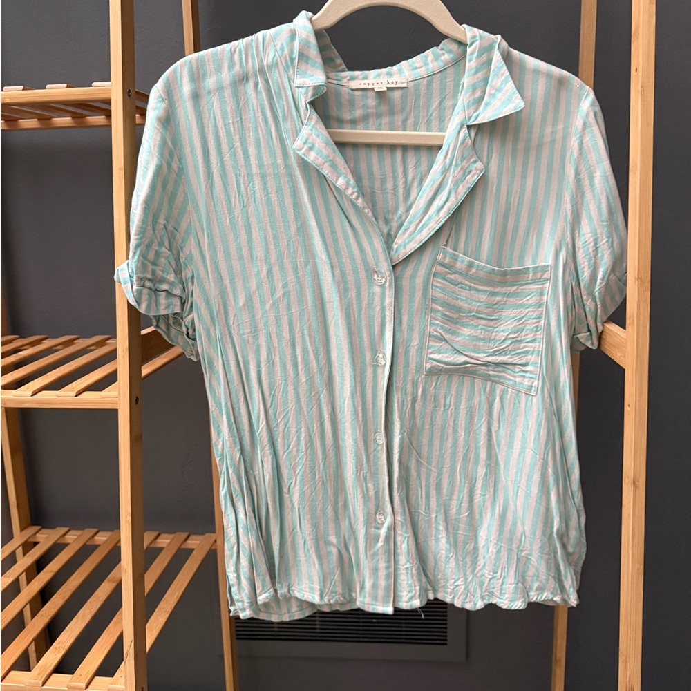 Copper Key Light Blue and White Striped Blouse